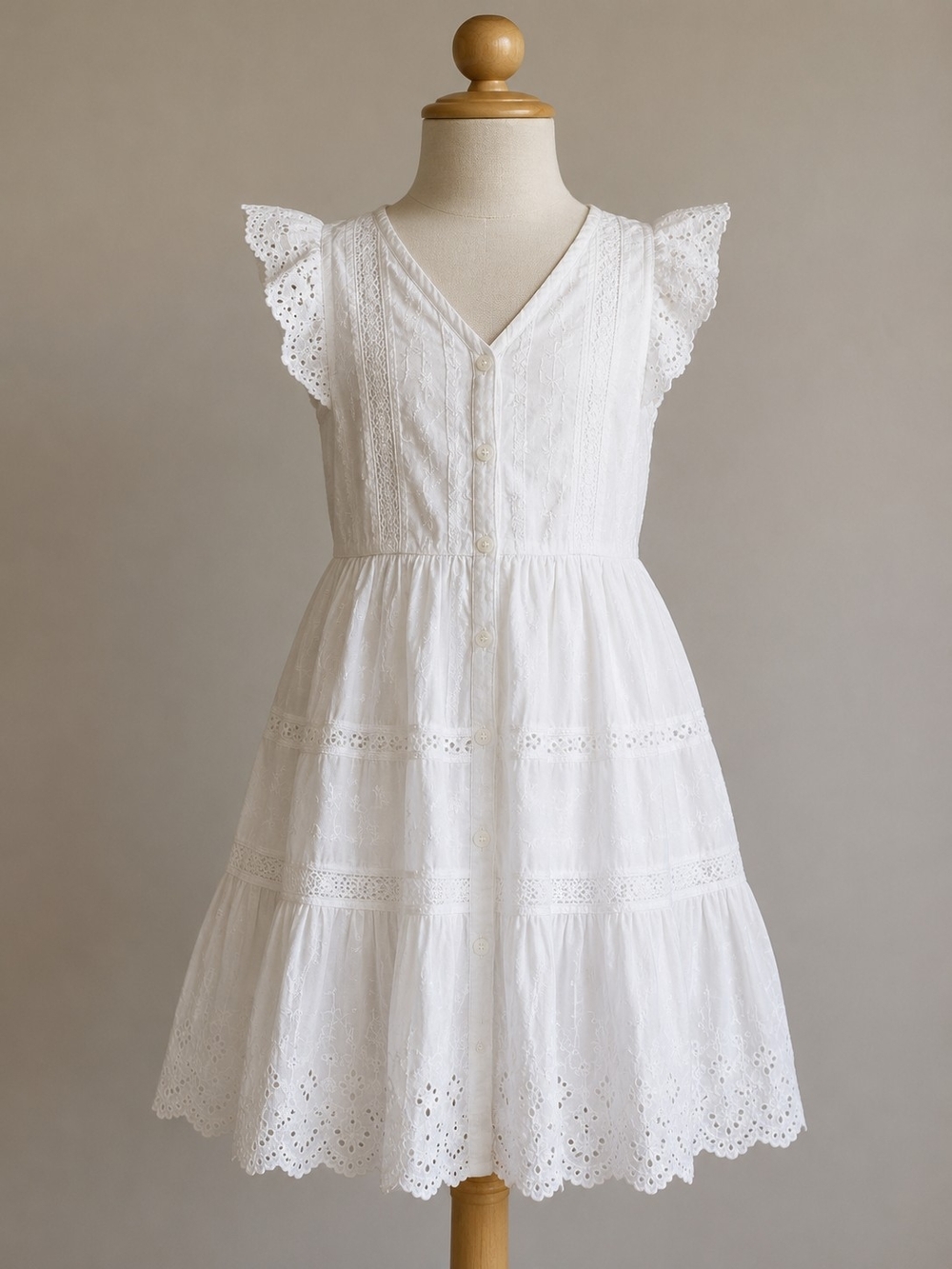 Zara Girls White Eyelet Lace Midi Dress Size 13-14Boho Embroidered Button.